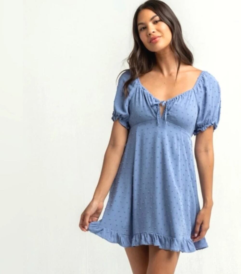 Sky and Sparrow Womens Blue Ruched Babydoll Mini Short Dress Floral Size Small